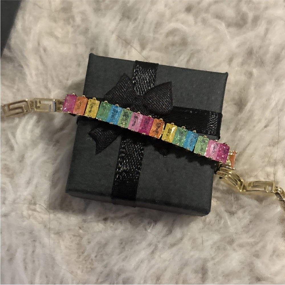 Greek Key Rainbow Baguette Candy Stone Tennis Bracelet Gold Plated, Festival